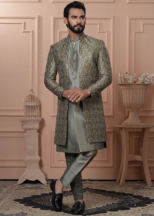 Mehendi Green Embroidered Indo Western Sherwani