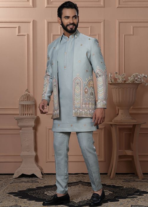 Blue Embroidered Jacketed Indo Western Sherwani