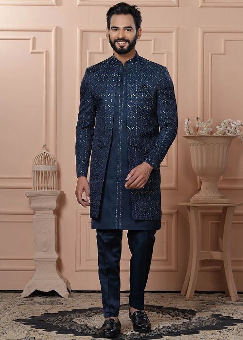 Navy Blue Embroidered Jacketed Indo Western Sherwani