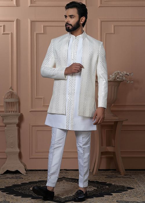 Cream Embellished Indo Western Sherwani Set