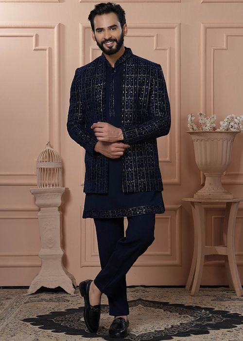 Navy Blue Embellished Indo Western Sherwani Set