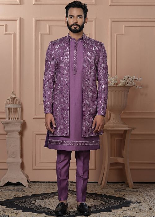 Purple Embellished Men Indo Western Sherwani