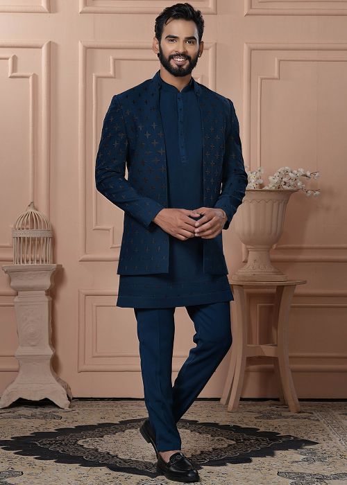 Teal Blue Embroidered Jacketed Indo Western Sherwani