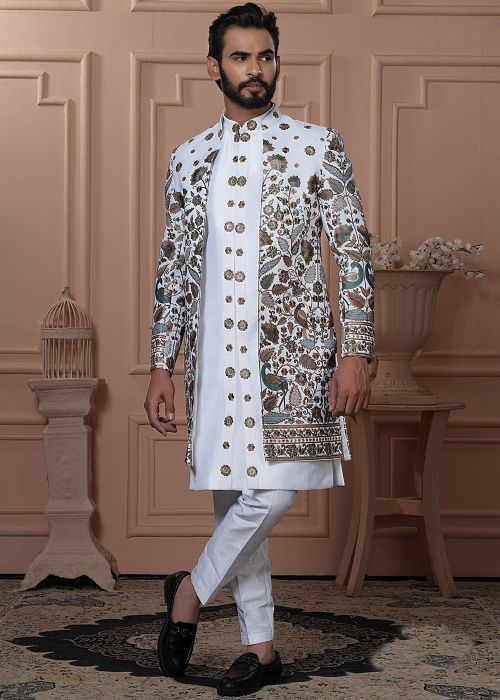 White Embroidered Jacketed Indo Western Sherwani