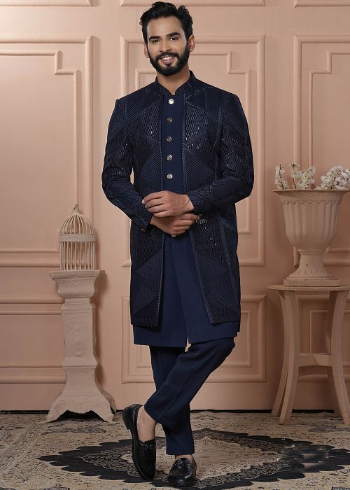 Navy Blue Embroidered Jacketed Indo Western Sherwani