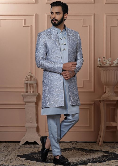 Grey Embroidered Men Indo Western Sherwani