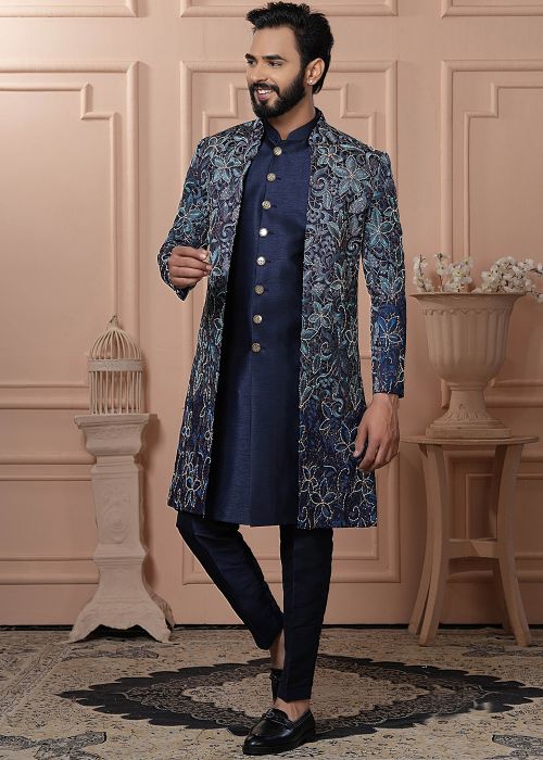 Navy Blue Embroidered Indo Western Sherwani
