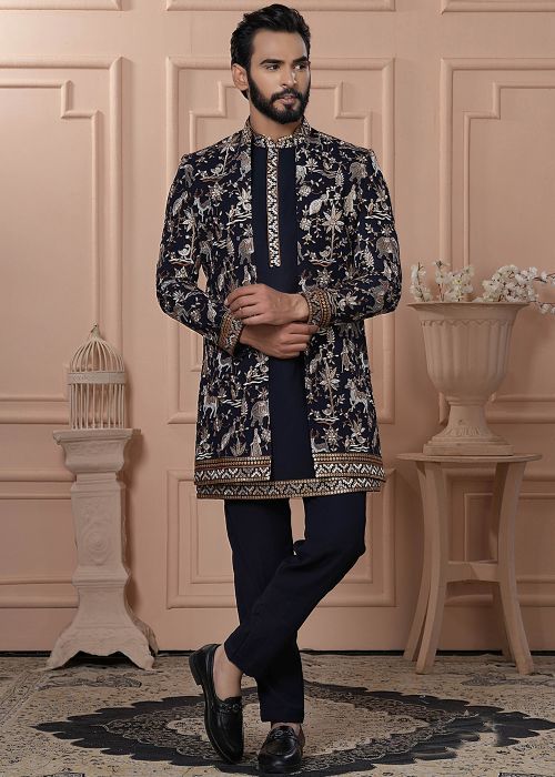 Navy Blue Embroidered Indo Western Sherwani