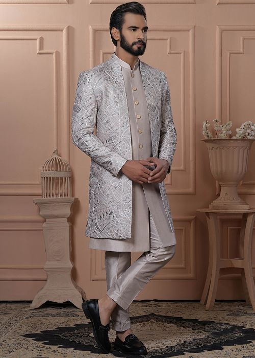 Pastel Peach Embroidered Indo Western Sherwani