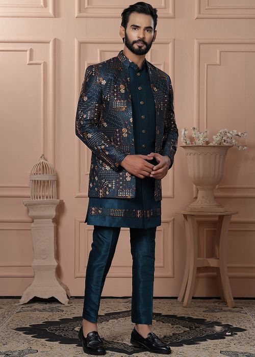 Teal Blue Embroidered Indo Western Sherwani