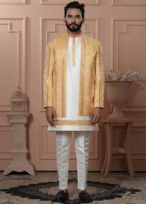 Yellow Men Embroidered Indo Western Sherwani