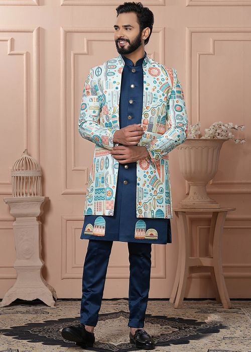 Light Blue Silk Printed Indo Western Sherwani