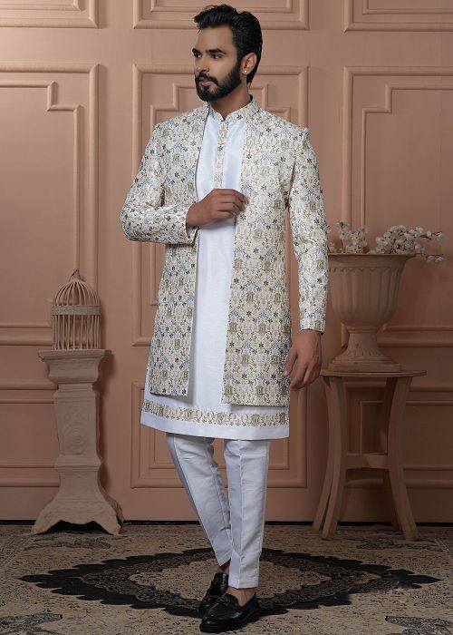 Off White Embroidered Indo Western Sherwani