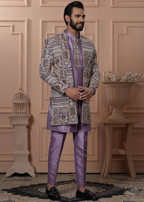 Purple Embroidered Georgette Indo Western Sherwani