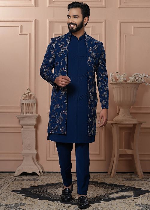 Teal Blue Embellished Indo Western Sherwani