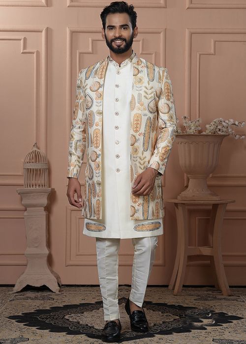 Cream Printed Indo Western Sherwani Set