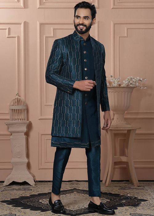 Teal Blue Embroidered Indo Western Sherwani Set