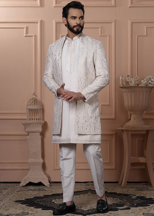 Cream Embroidered Indo Western Sherwani Set