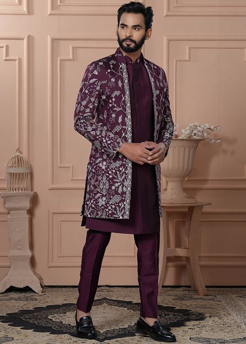 Wine Embroidered Indo Western Sherwani Set