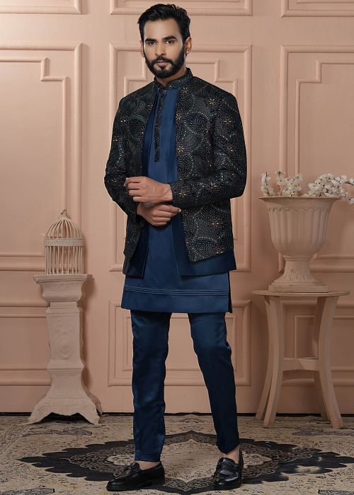 Teal Blue Men Embroidered Indo Western Sherwani