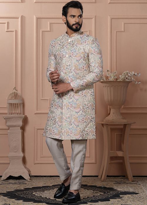 Cream Embroidered Cotton Indo Western Sherwani