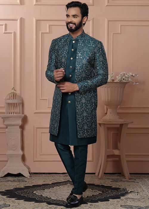 Teal Green Embroidered Indo Western Sherwani