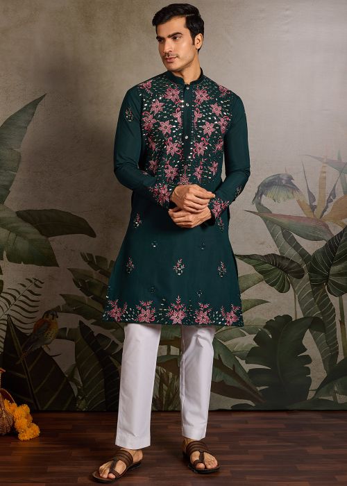 Teal Green Embellished Men Kurta In Viscose