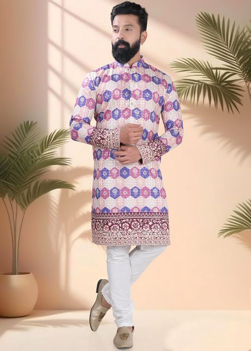 Multicolor Printed Men Kurta Pajama
