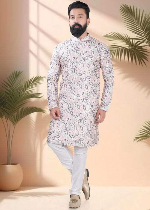 Cream Geometric Print Kurta Pajama In Cotton