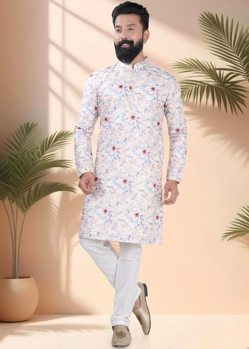 Cream Foral Print Men Kurta Pajama