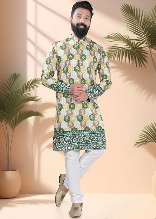 Multicolor Geometric Print Men Kurta Pajama