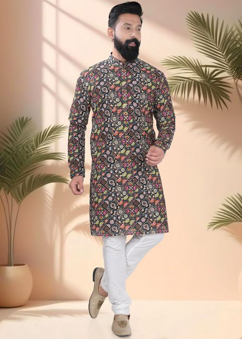 Black Embroidered Men Kurta Pajama