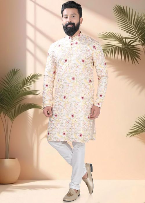Cream Floral Print Men Kurta Pajama