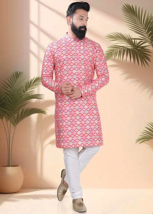 Pink Geometric Print Men Kurta Pajama