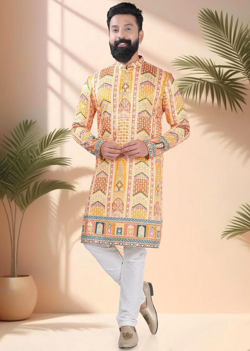Yellow Geometric Print Men Kurta Pajama