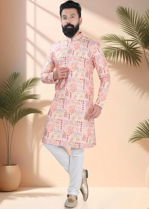 Pink Geometric Print Men Kurta Pajama