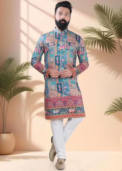 Blue Geometric Print Men Kurta Pajama