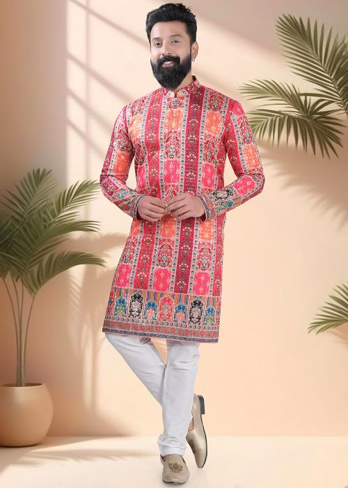 Red Printed Men Kurta Pajama