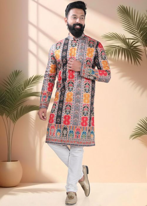 Black Embroidered Men Kurta Pajama