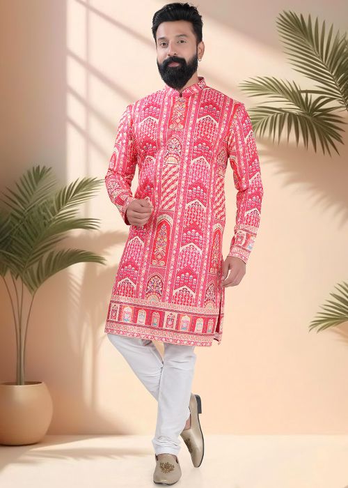 Pink Geometric Print Men Kurta Pajama
