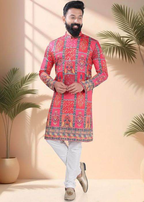 Red Printed Men Kurta Pajama