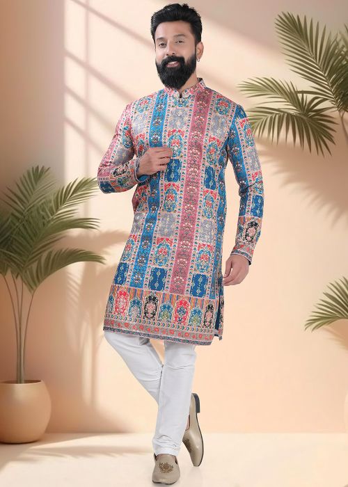 Blue Men Kurta Pajama In Geometric Print