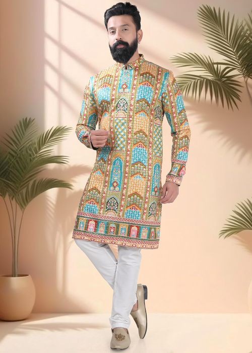 Green Geometric Print Men Kurta Pajama
