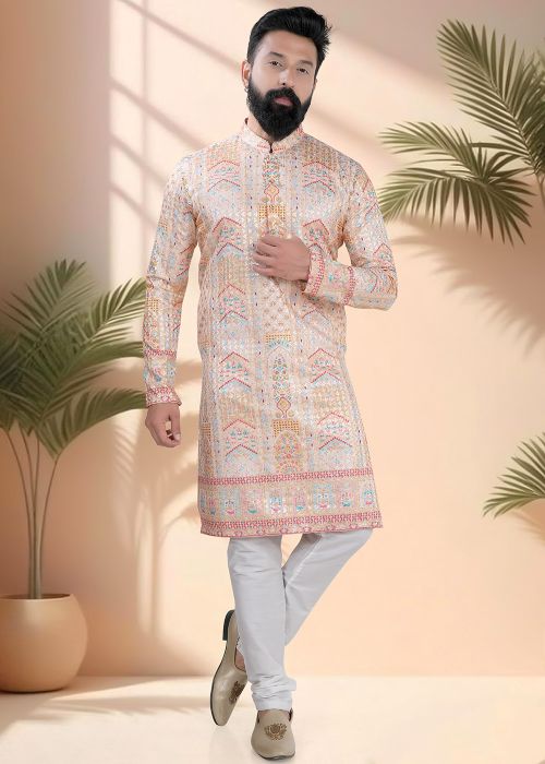 Cream Embroidered Men Kurta Pajama
