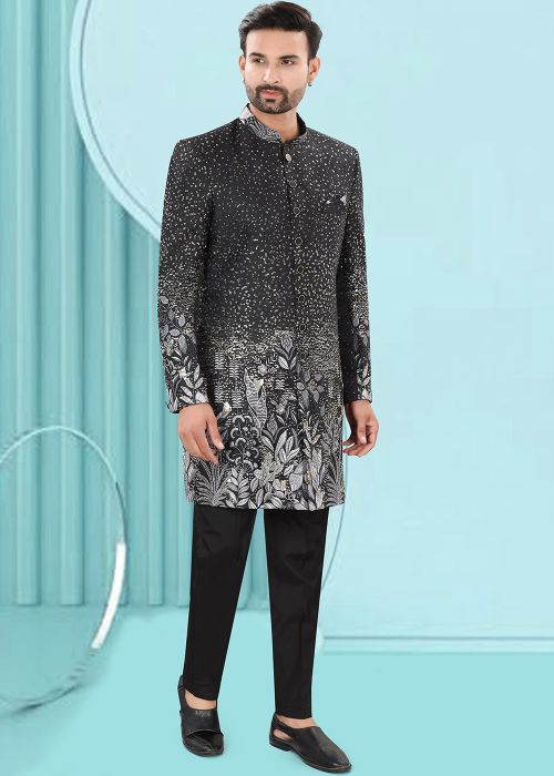 Black Embroidered Men Indo Western Sherwani In Jacquard