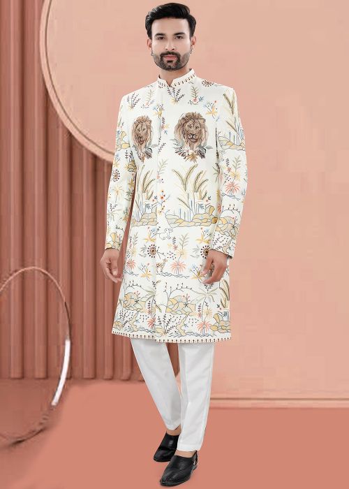 Off-White Embroidered Indo Western Sherwani