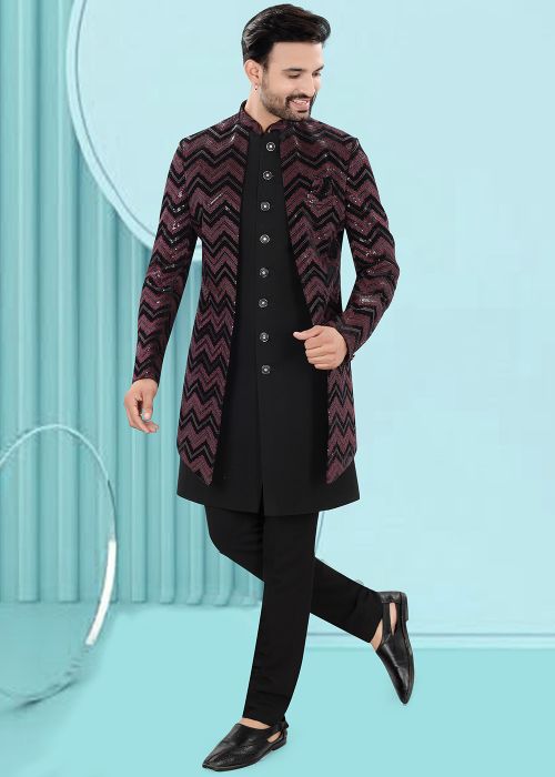 Black Sequin Work Indo Western Sherwani In Velvet