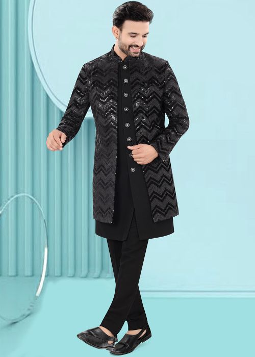 Black Sequin Work Indo Western Sherwani