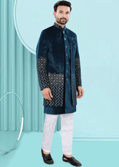 Teal Blue Embroidered Men Indo Western Sherwani