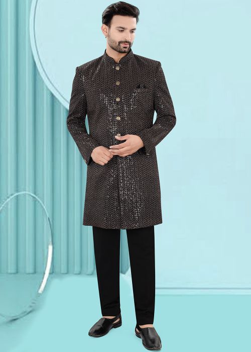 Black Embroidered Velvet Indo Western Sherwani